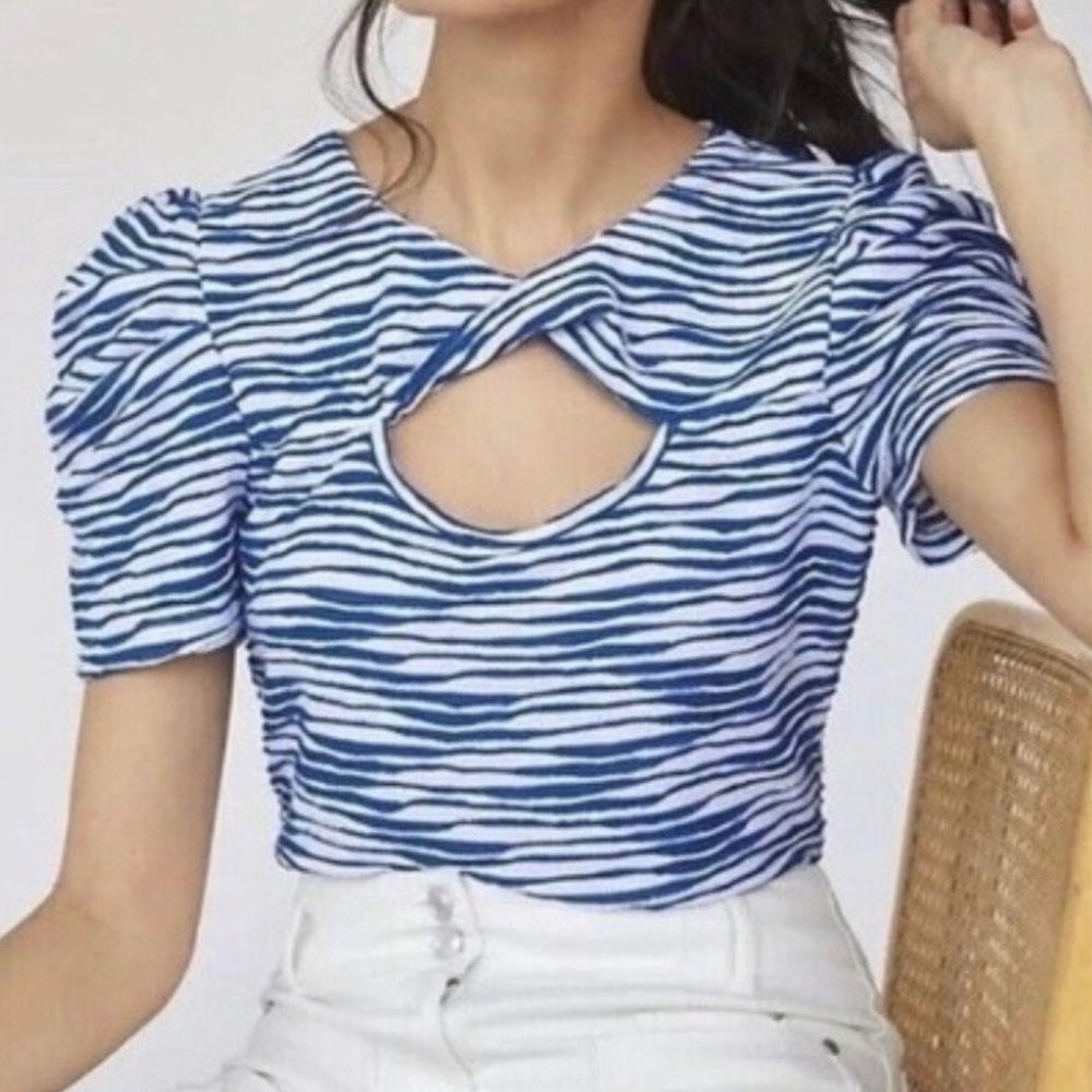 Maeve Anthropologie Blue and White Striped Textured Keyhole Twist Women's Top